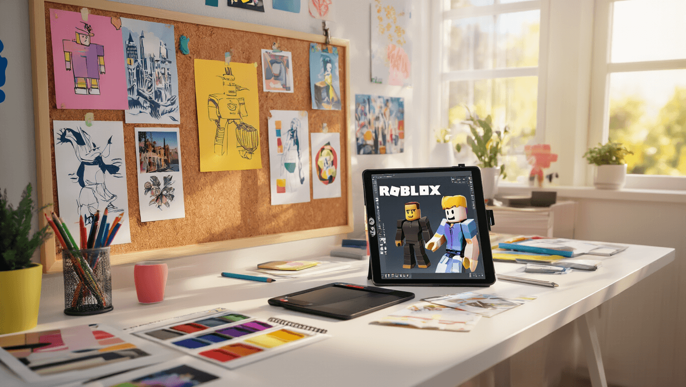 Bright modern workspace with a digital tablet showing a Roblox t-shirt design, surrounded by colorful mood boards, organized art supplies, and sunlight streaming through windows.
