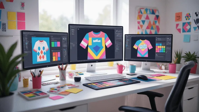 A vibrant digital design workspace showcasing multiple monitors with colorful Roblox t-shirt designs, a graphics tablet, and organized design tools, illuminated by soft natural light.