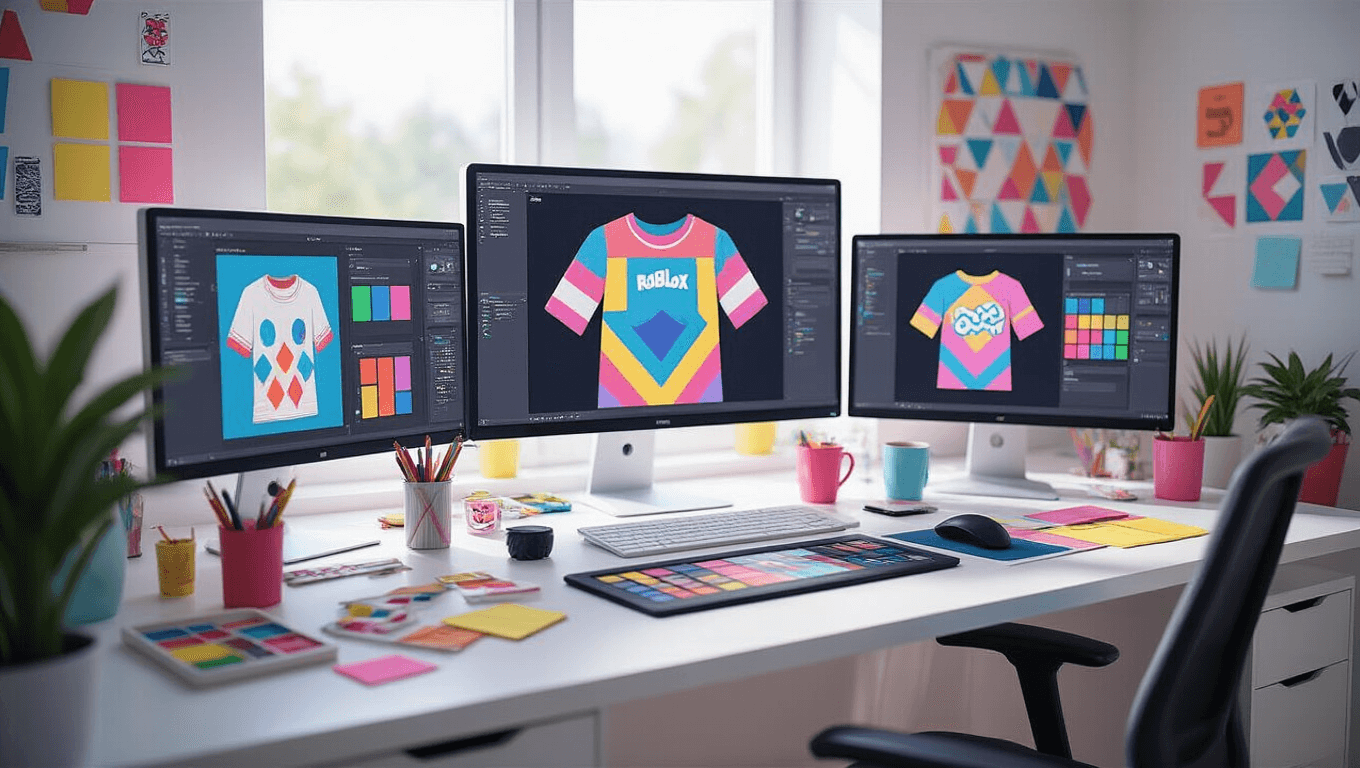 A vibrant digital design workspace showcasing multiple monitors with colorful Roblox t-shirt designs, a graphics tablet, and organized design tools, illuminated by soft natural light.