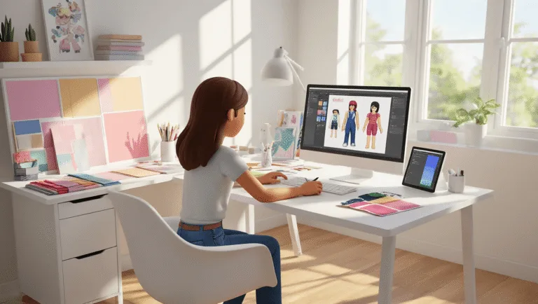 A young fashion designer working at a sleek white desk in a sunlit home studio, surrounded by pastel mood boards, fabric swatches, and digital tools, creating Roblox t-shirts in a clean, minimalist workspace.