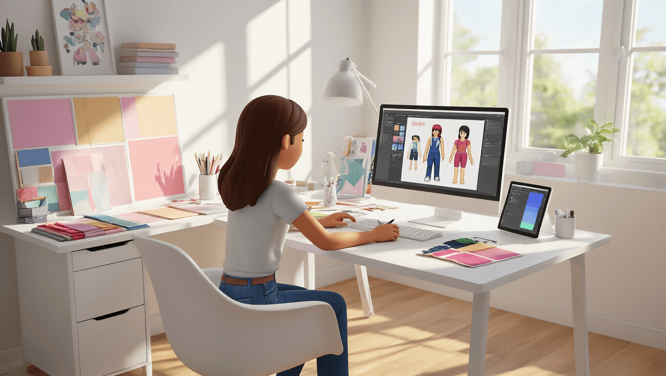 A young fashion designer working at a sleek white desk in a sunlit home studio, surrounded by pastel mood boards, fabric swatches, and digital tools, creating Roblox t-shirts in a clean, minimalist workspace.