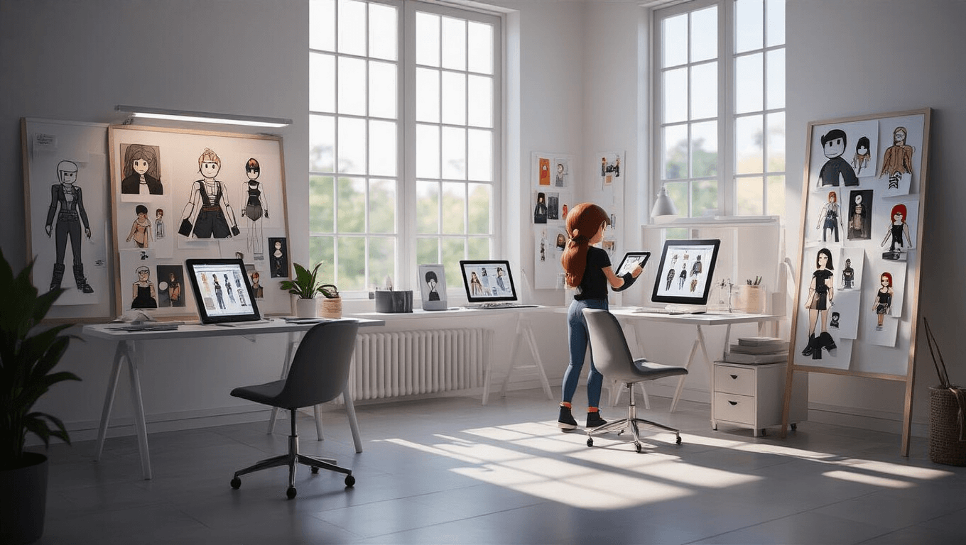 A bright photography studio featuring a fashion designer creating Roblox character designs on a tablet, surrounded by mood boards of sketches and illustrations against white walls, enhanced by natural light streaming through large windows.