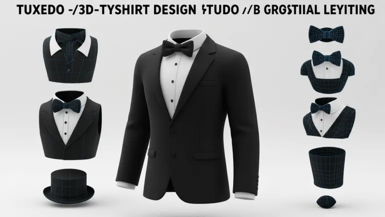 3D models of tuxedo t-shirt designs floating on a clean white background, featuring digital wireframes, bow ties, and lapel details, under professional lighting.