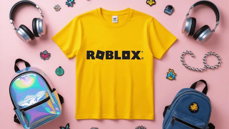 A bright yellow Roblox t-shirt flat lay on a pastel pink background, surrounded by silver headphones, enamel pins, a holographic backpack, and chunky silver jewelry, arranged in a clean grid pattern with soft ring lighting.