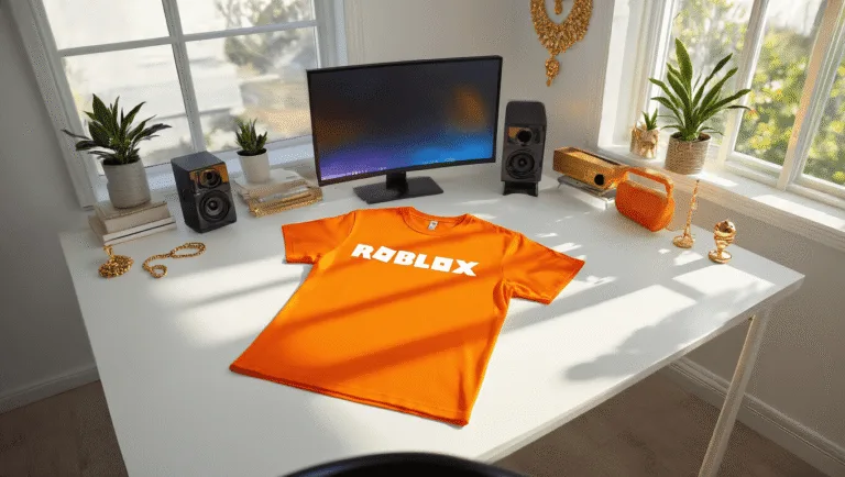 A vibrant orange Roblox t-shirt displayed on a clean white desk in a modern gaming room, featuring minimalist peripherals and gold jewelry accents, all bathed in warm natural light from large windows.