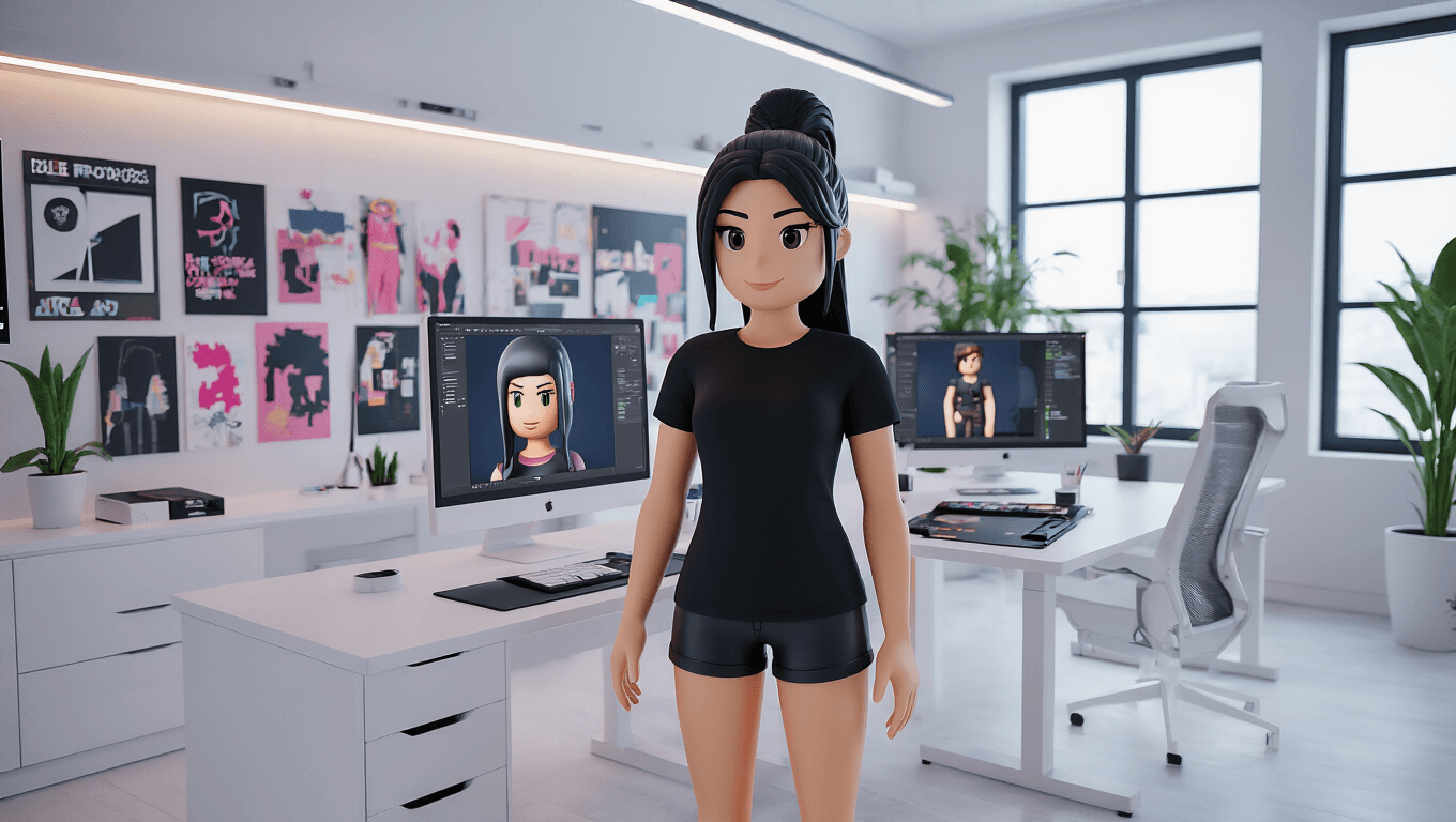 A digital fashion studio featuring a 3D Roblox female avatar in a black t-shirt, surrounded by Y2K-inspired mood boards, large monitors, LED lighting, and a modern workspace with natural light.