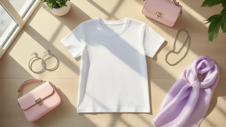 Flat lay of a white t-shirt on a light wooden floor, accented with silver hoop earrings, delicate chain necklaces, pastel mini bags, and silk scarves in pink and lavender, illuminated by natural sunlight from an industrial loft window.