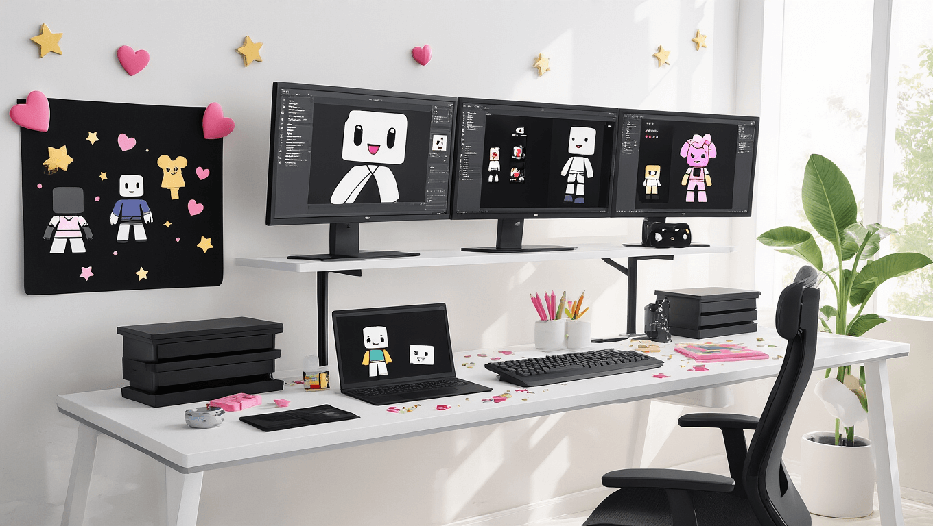 A bright minimalist design studio features a black gaming desk with multiple monitors showcasing Roblox avatar customization, surrounded by scattered kawaii elements like stars and hearts. A mood board displays various black t-shirt designs, all under soft natural lighting against a clean white background, captured from a lifestyle photography perspective.