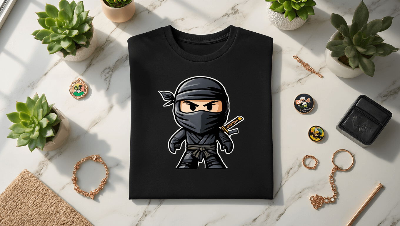 Cozy flatlay of a black Roblox ninja graphic t-shirt on a white marble desk, surrounded by gaming accessories, enamel pins, and rose gold jewelry, with morning light and potted succulents.