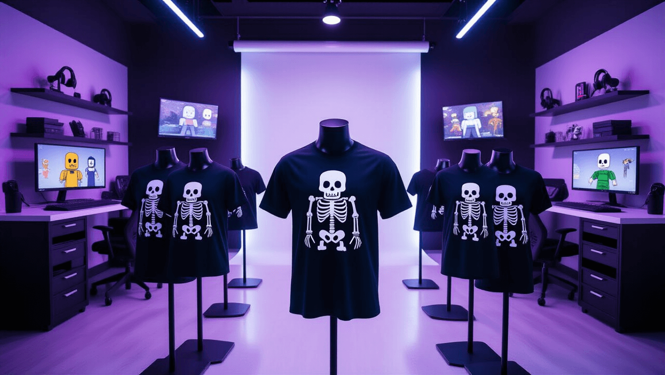 A modern photography studio showcasing Roblox skeleton t-shirts on black mannequins, highlighted by dramatic purple and blue RGB lighting, with a clean white backdrop, gaming peripherals, and curved monitors displaying Roblox avatars.