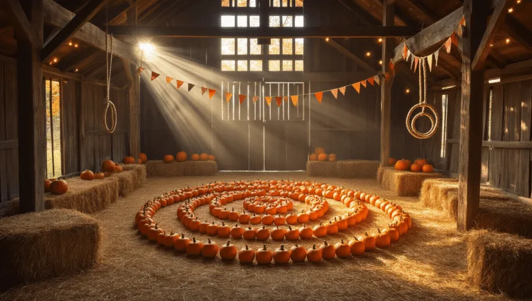 A photorealistic wide-angle view of a rustic barn interior set up for a fall carnival game, featuring mini pumpkins in a spiral pattern on hay, warm sunlight filtering through wooden slats, vintage rope rings, string lights, and hay bales for seating.