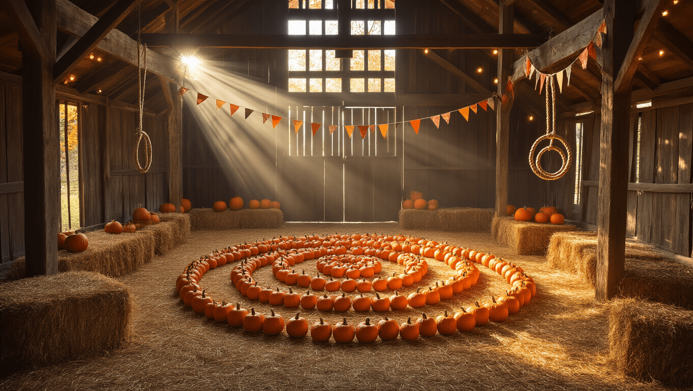 A photorealistic wide-angle view of a rustic barn interior set up for a fall carnival game, featuring mini pumpkins in a spiral pattern on hay, warm sunlight filtering through wooden slats, vintage rope rings, string lights, and hay bales for seating.