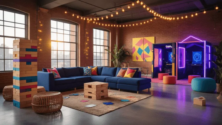 A vibrant teen birthday party setup featuring distinct activity zones in a modern living room with exposed brick walls and polished concrete floors, illuminated by warm LED lights and golden hour sunlight. Highlights include a navy sectional sofa with colorful pillows, a pastel giant Jenga tower, a neon-lit VR gaming corner, a scavenger hunt station, a balloon volleyball net, "HAPPY BIRTHDAY" metallic balloons, vintage pendant lights, a DJ booth, a mocktail refreshment station, a geometric-patterned area rug, and potted plants. The image captures a cinematic ultra-wide view with a shallow depth of field.