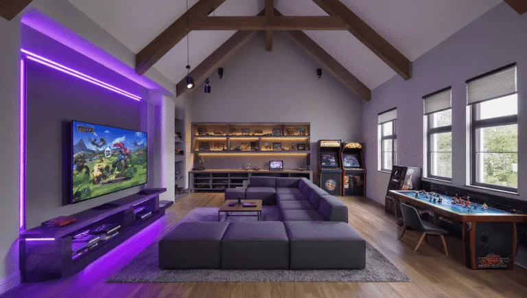 A luxurious modern gaming room featuring distinct areas for console gaming, tabletop games, and retro arcade, with vaulted ceilings, ambient LED lighting, and floor-to-ceiling windows, captured in golden hour light.