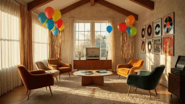 A sunlit living room decorated for a birthday party, featuring vaulted ceilings, vintage furniture, colorful balloons, and a "Pin the Tail" game board, all captured in warm, atmospheric lighting.