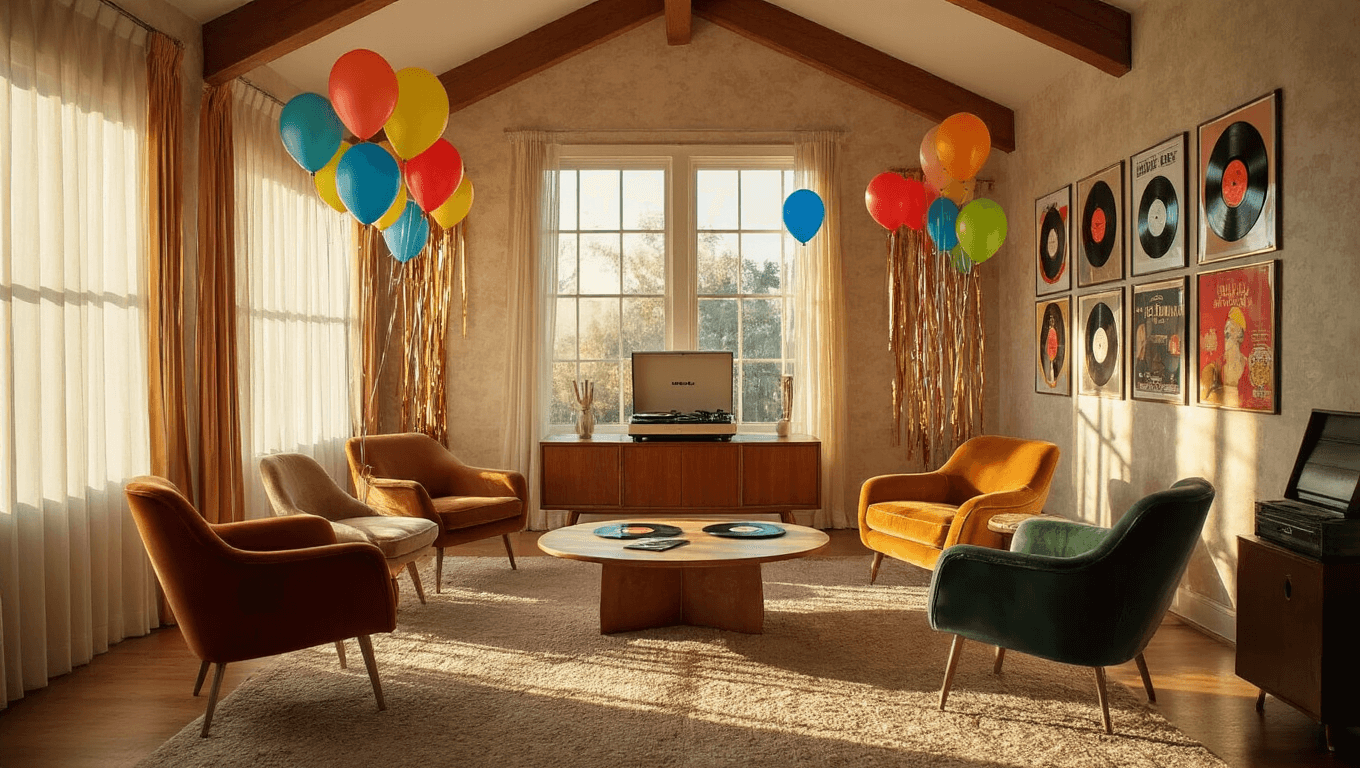 A sunlit living room decorated for a birthday party, featuring vaulted ceilings, vintage furniture, colorful balloons, and a "Pin the Tail" game board, all captured in warm, atmospheric lighting.