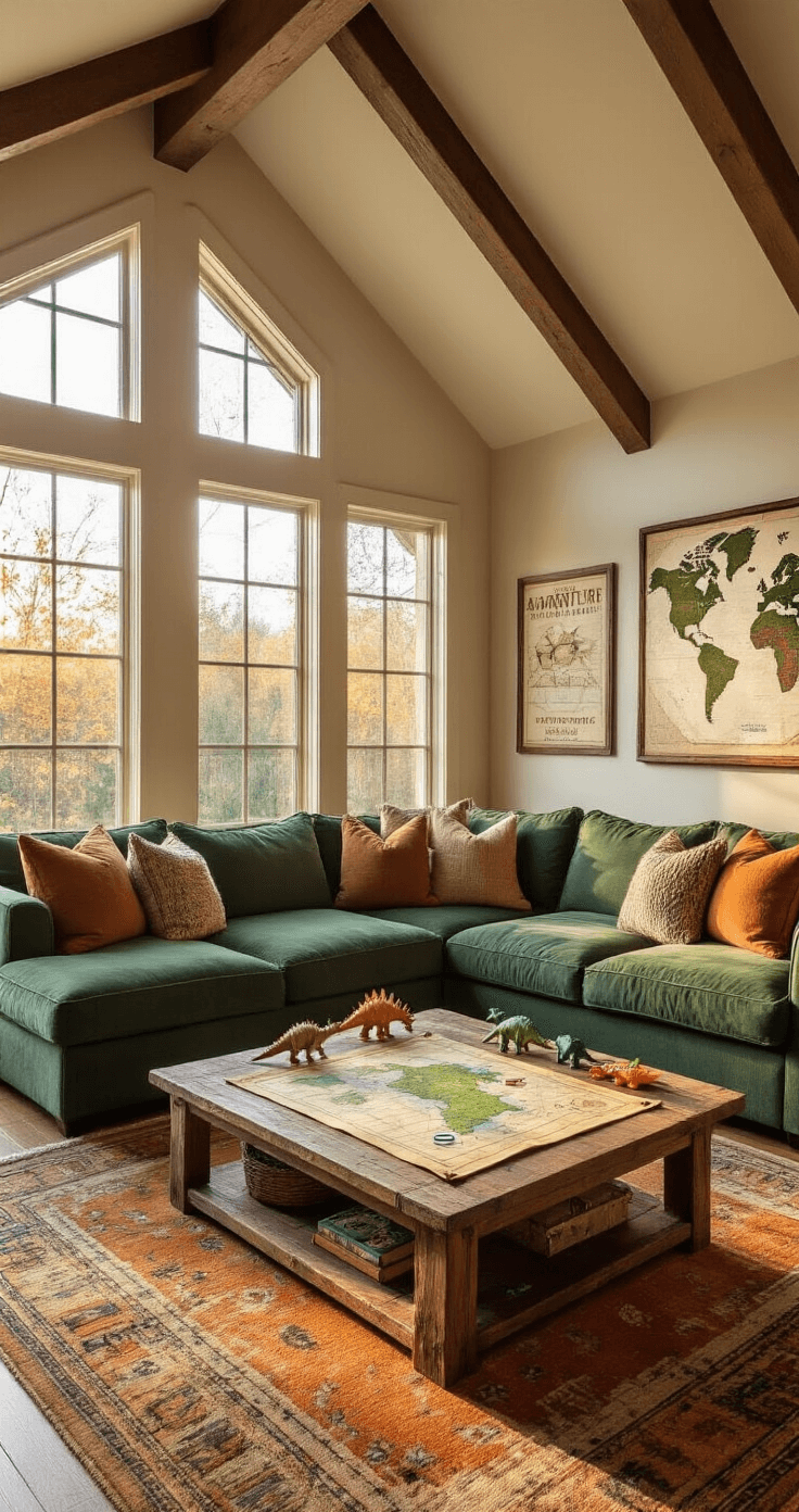 Cozy living room with vaulted ceilings and exposed beams, featuring a green sectional sofa, colorful throw pillows, a rustic coffee table with a treasure map and toys, vintage rug, large bay windows, and adventure-themed wall decor, all bathed in warm afternoon sunlight.