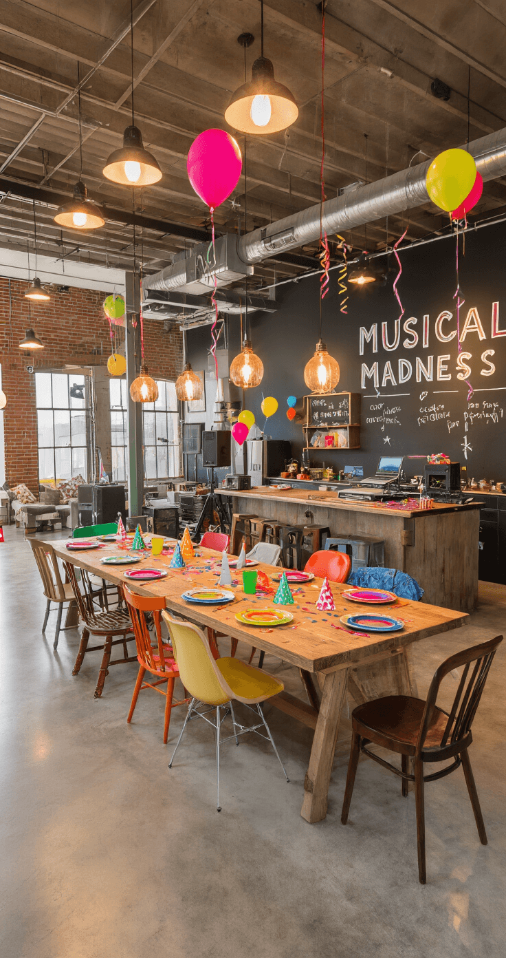 Birthdays are the Best! Let's Make Them Unforgettable with These Awesome Games Spacious open-plan kitchen and dining area decorated for a festive party with polished concrete floors, industrial pendant lights, and a colorful farmhouse table set for guests, featuring a DJ booth on the kitchen island, vibrant balloons, and a chalkboard wall displaying 'Musical Madness.'