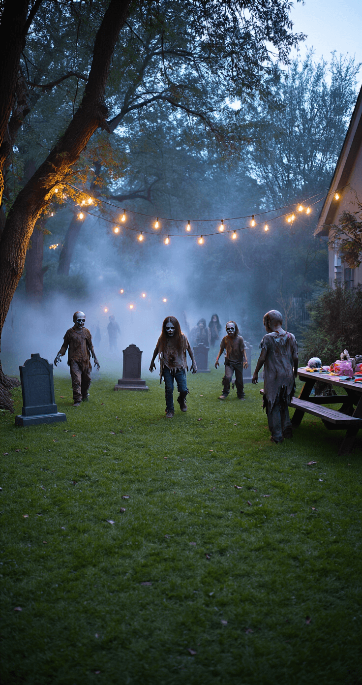 Birthdays are the Best! Let's Make Them Unforgettable with These Awesome Games A dusk backyard scene features a lush green lawn adorned with string lights in trees, casting a mysterious ambiance. In the center, a makeshift graveyard with foam tombstones and plastic skeletons sets the stage for a zombie tag game, where kids in tattered clothes and zombie makeup chase each other. A picnic table off to the side displays face paint and zombie accessories, while a fog machine creates a low-lying mist, all captured from a slight high angle with cool-toned lighting enhancing the eerie atmosphere.