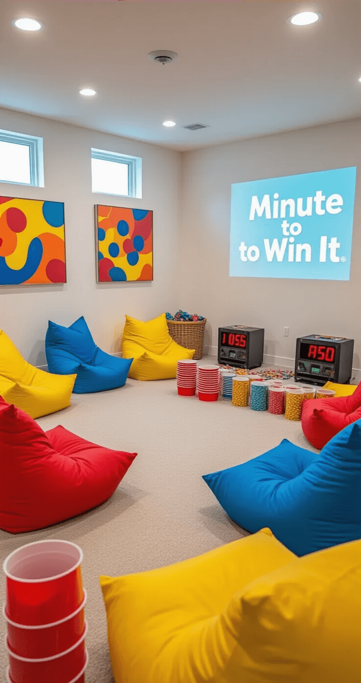 Birthdays are the Best! Let's Make Them Unforgettable with These Awesome Games Bright, modern basement rec room featuring white walls adorned with colorful abstract art, natural and recessed lighting illuminating a central game area surrounded by primary-colored bean bag chairs, multiple game stations including red plastic cups, oversized cookie props, and pantyhose filled with pennies, a large digital timer projected on one wall, and motivational 'Minute to Win It' posters, all captured from eye level with a wide-angle lens.