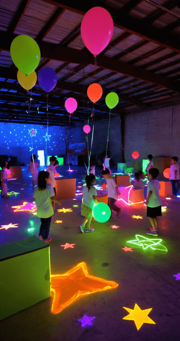 Birthdays are the Best! Let's Make Them Unforgettable with These Awesome Games A dimly lit garage transformed into a vibrant party space, illuminated by black light, featuring glow-in-the-dark stars on the floor, helium balloons with glow sticks floating near the ceiling, and children in glowing white t-shirts playfully chasing each other amidst neon-painted cardboard obstacles.
