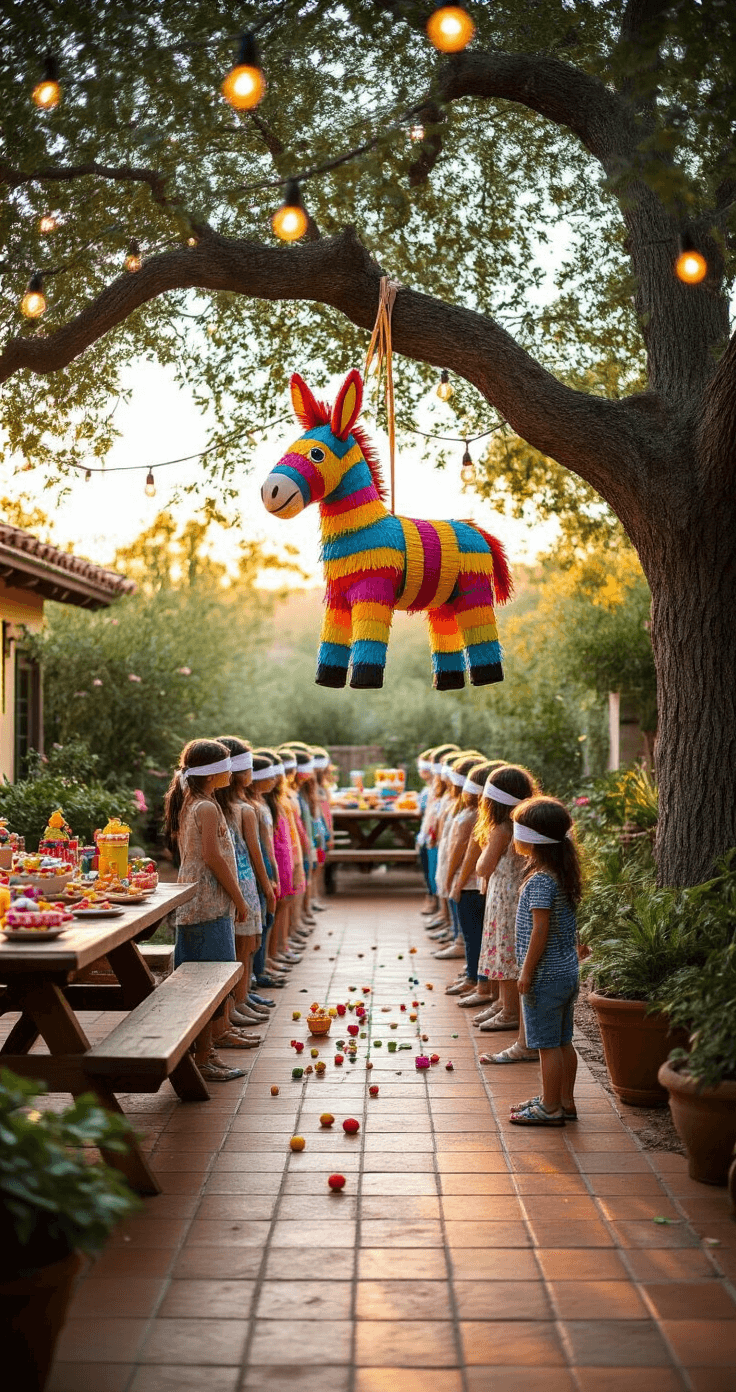 Birthdays are the Best! Let's Make Them Unforgettable with These Awesome Games A lively patio scene featuring a colorful donkey piñata hanging from an oak tree, surrounded by children in blindfolds ready to hit it with sticks, golden hour lighting, picnic tables with birthday decorations, and scattered sweets on terracotta tiles.