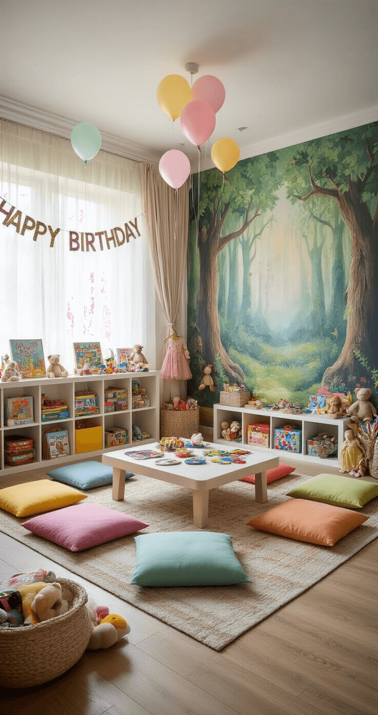 Birthdays are the Best! Let's Make Them Unforgettable with These Awesome Games A whimsical indoor playroom with a painted mural of a fantastical forest, featuring a low table surrounded by colorful floor cushions, shelves of games and supplies, a dress-up corner with costumes, pastel helium balloons, and a 'Happy Birthday' banner, all bathed in soft natural light.
