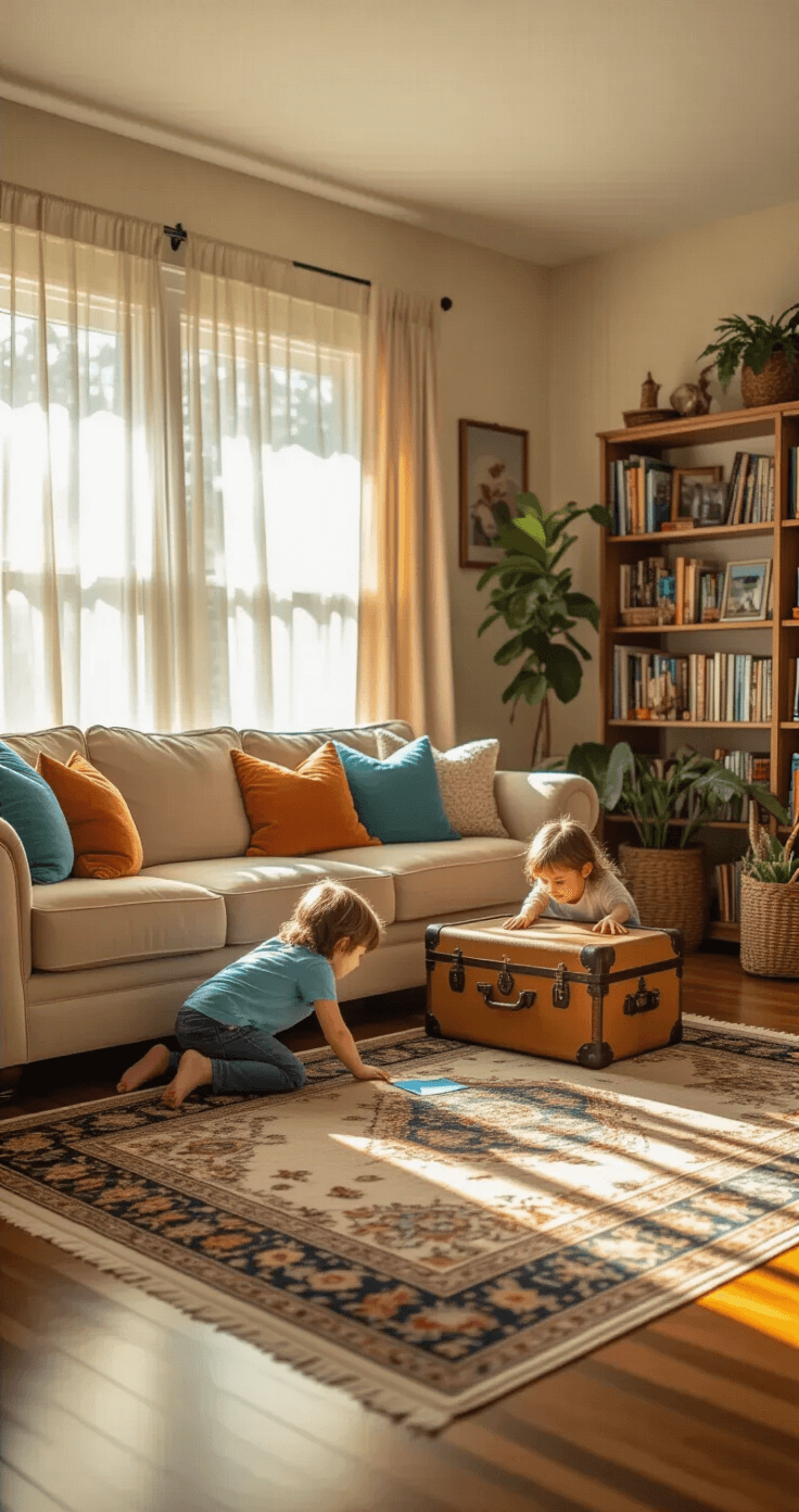 A cozy living room filled with children engaged in an indoor treasure hunt, featuring a plush beige sofa, colorful clues tucked in various places, and sunlight streaming through sheer curtains, creating a playful and curious atmosphere.