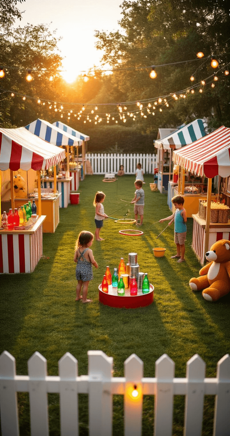 A whimsical DIY carnival in a backyard, featuring handmade game booths with striped awnings, children playing a fishing game, and a ring toss station, all illuminated by a warm golden hour glow and fairy lights overhead.