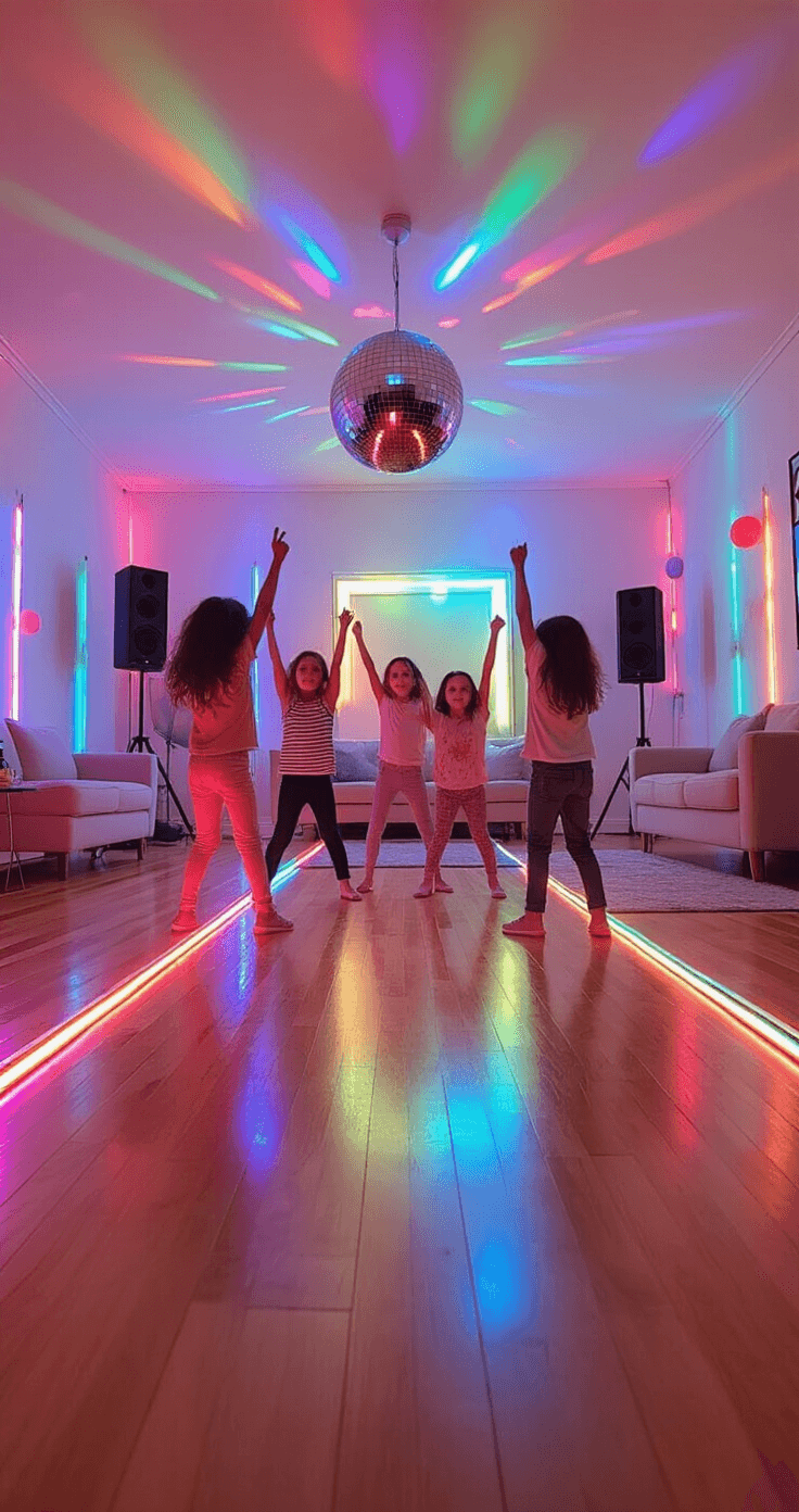 A vibrant living room dance-off scene with kids striking frozen poses under colorful party lights, a disco ball reflecting light, and sleek furniture pushed to the walls, featuring LED strip lights and metallic balloon garlands, captured from a low angle to emphasize movement and energy.