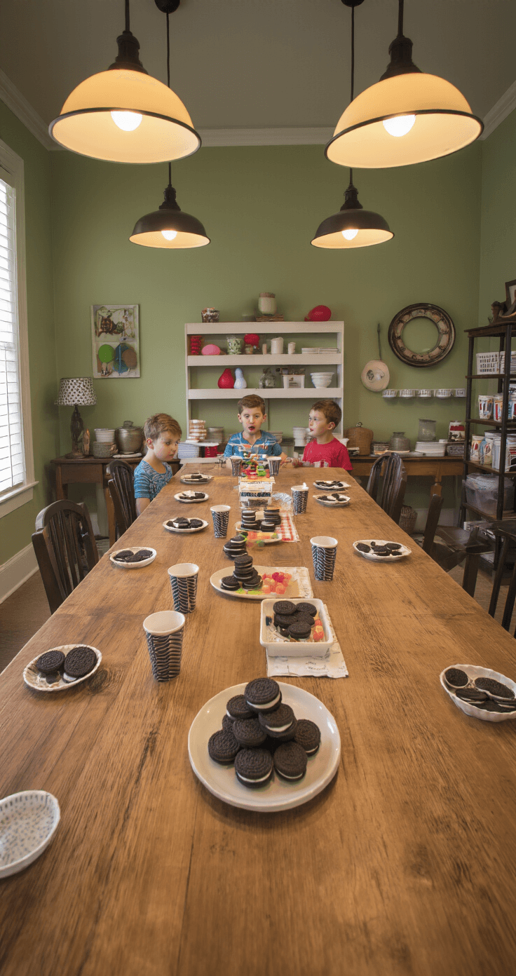 A dining room set up for a 'Minute to Win It' challenge, featuring a long farmhouse table with various game stations. In the foreground, a child stacks Oreos on their forehead, while another in the mid-ground transfers marbles using a spoon in their mouth. The background displays additional game stations with cups, balloons, and props. The room is warmly lit by pendant lights, with soothing sage green walls, creating an atmosphere of focused anticipation and excitement.