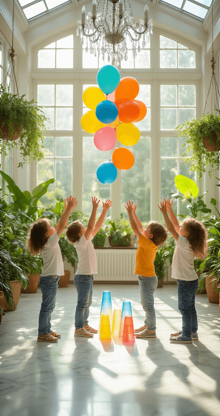 Children energetically pat colorful balloons upward while balancing clear plastic cups in a sunlit conservatory, surrounded by lush plants and a sparkling chandelier, captured from a slightly elevated angle.