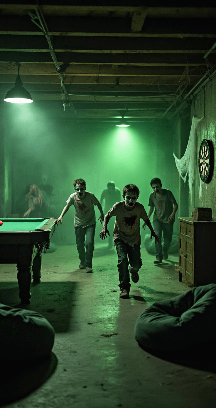 A POV shot from a 'survivor' being chased in a dimly lit basement rec room, where kids in tattered zombie makeup stagger with outstretched arms. The room features soft green lighting, minimal furniture like a pool table and beanbags, cobweb decorations in corners, and a fog machine creating atmospheric haze. The mood captures playful spookiness and excitement.