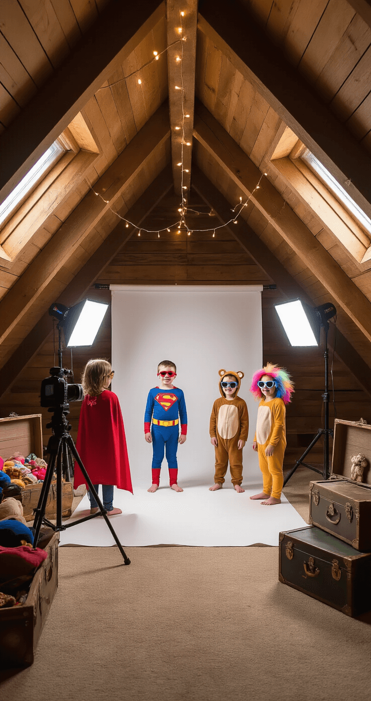 A cozy attic photo booth captures children in outrageous costumes with a white backdrop and studio lights, surrounded by vintage trunks of dress-up items, fairy lights, and a professional camera on a tripod, evoking a mood of joyful creativity and laughter.