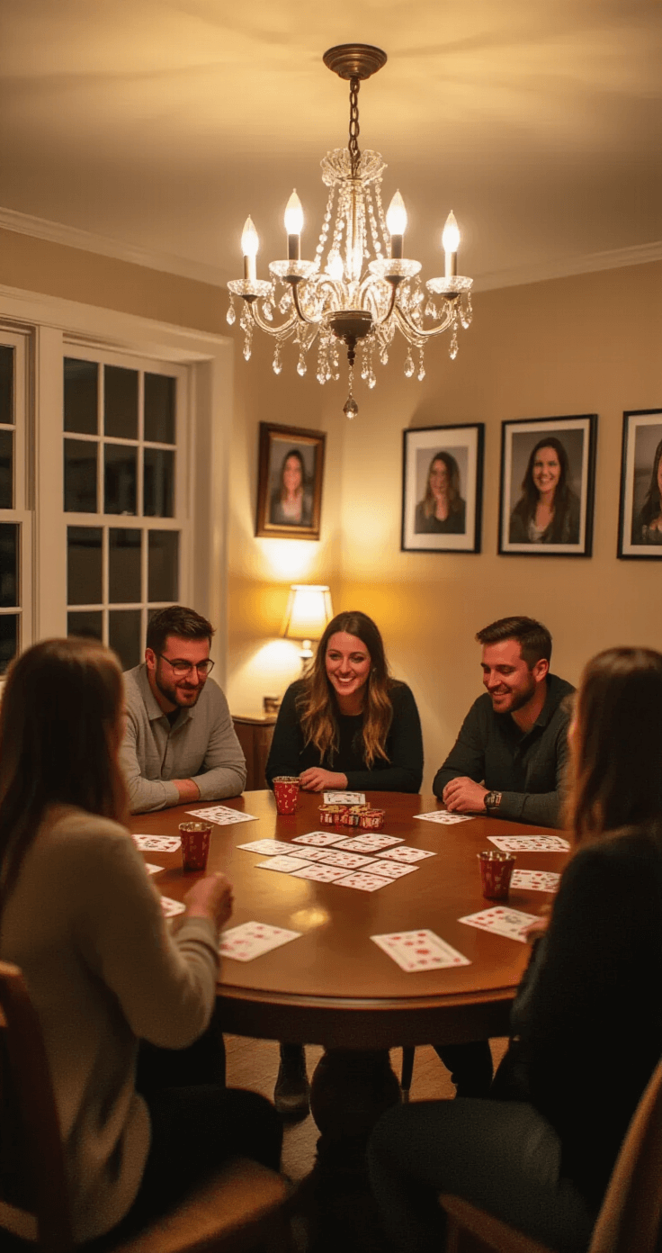 A cozy intimate dining room features a round table covered with trivia cards and small prizes, surrounded by eager guests. Warm ambient lighting from a chandelier casts a soft glow, while framed photos of the birthday person adorn the walls. The elevated camera angle captures the inviting mood and the anticipation on the guests' faces.