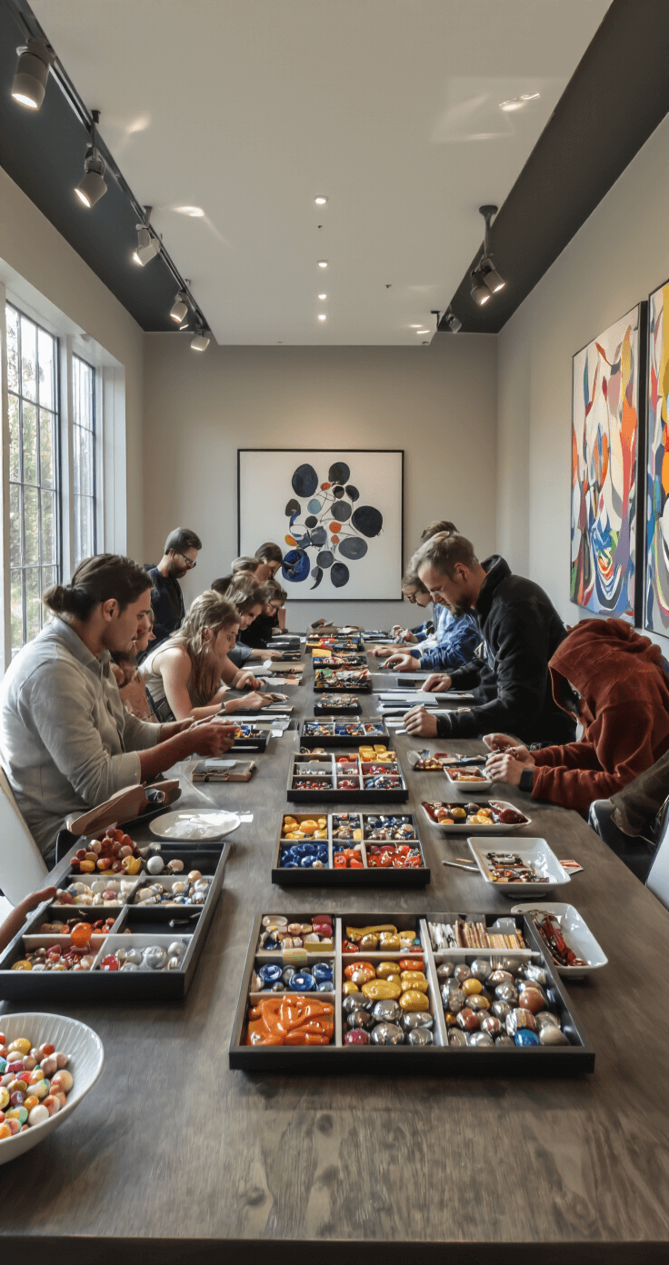 A spacious game room with modern decor, featuring guests engaging in a memory game surrounded by trays of objects. Natural light and spotlights create a warm atmosphere, highlighting sleek furniture and abstract art.