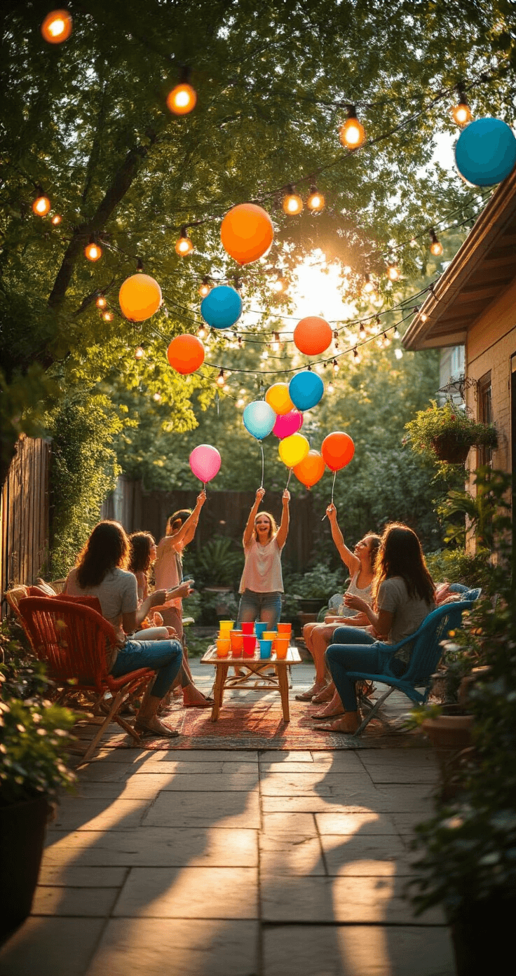 A vibrant backyard patio scene featuring guests joyfully balancing balloons and stacking plastic cups under crisscrossed string lights. The setting is enhanced by colorful outdoor furniture and lush potted plants, all bathed in warm afternoon sunlight. The low camera angle captures the playful balloons against a bright sky, creating a whimsical atmosphere filled with laughter.