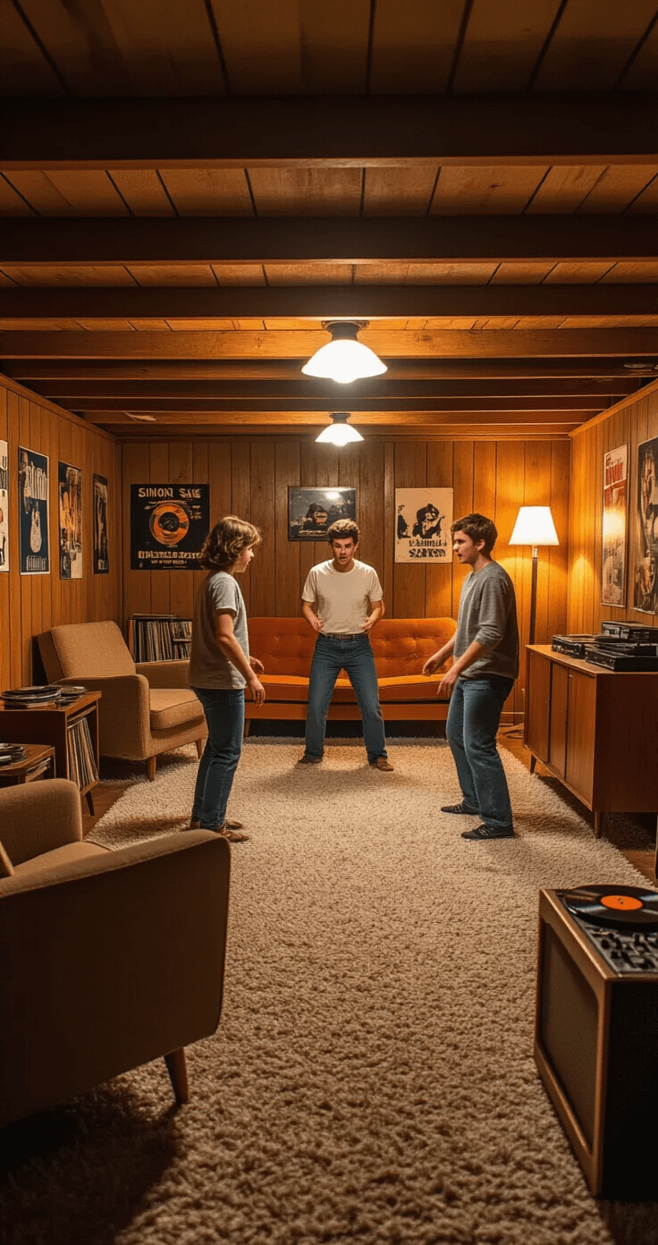 A cozy retro-themed basement rec room with wood paneling and shag carpet, featuring a group playing Simon Says under vintage lamp light, surrounded by mid-century furniture, vinyl records, and nostalgic posters, captured in warm, dim evening lighting.