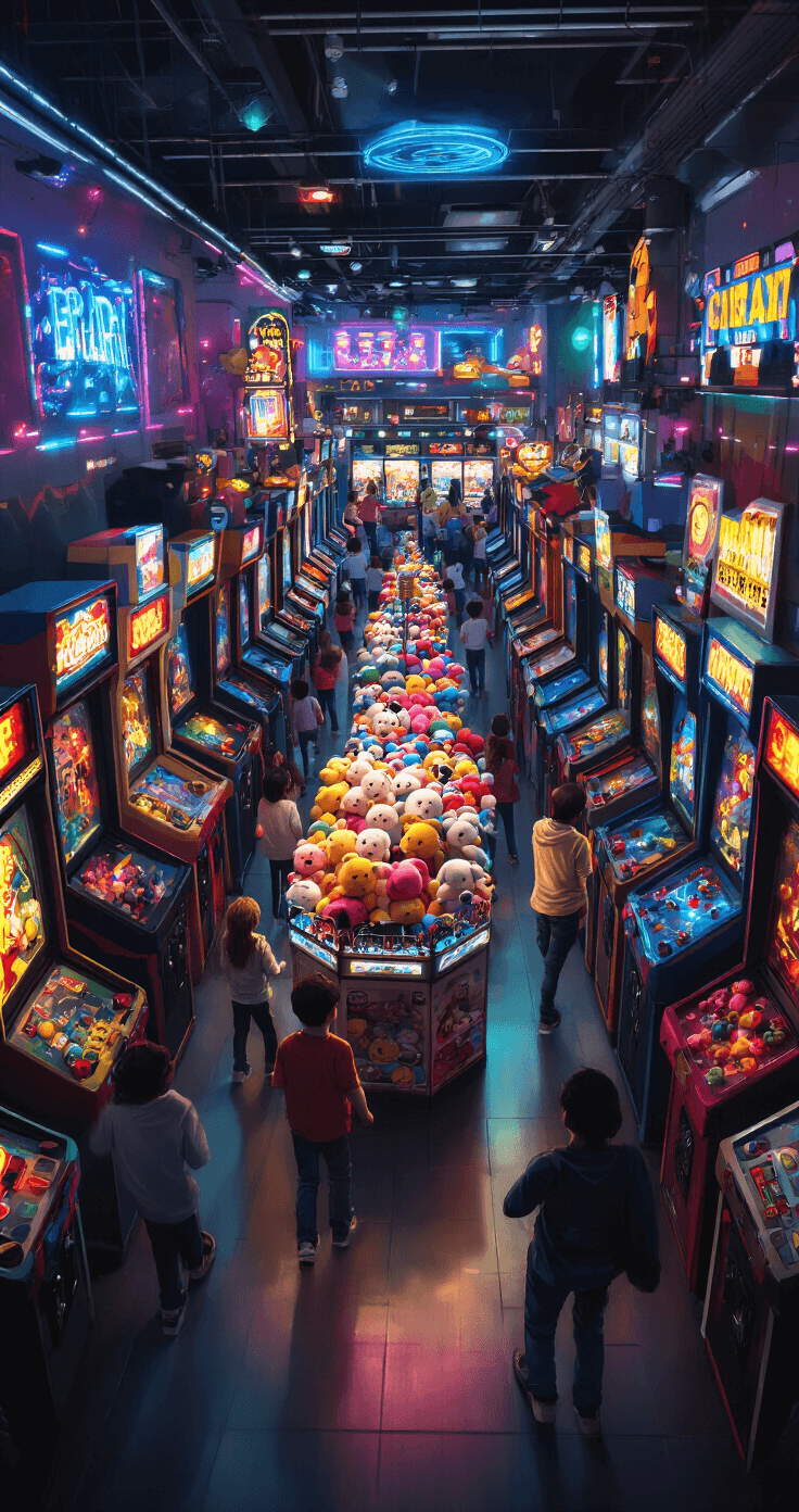 A vibrant arcade at night filled with birthday partygoers amid flashing game screens, dynamic lighting, and a central prize counter overflowing with stuffed animals and gadgets.