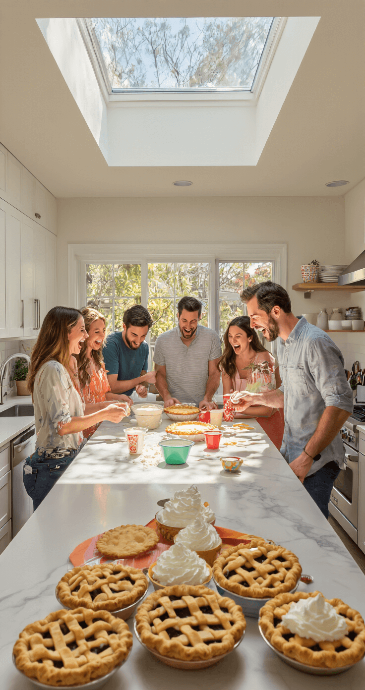 A vibrant kitchen in mid-morning light features modern appliances and a large island set up for a game of Pie Face, with whipped cream prepared. Guests gather around, eagerly laughing, as colorful kitchen accessories add fun to the scene. The photo captures both the game setup and the players' delighted reactions.