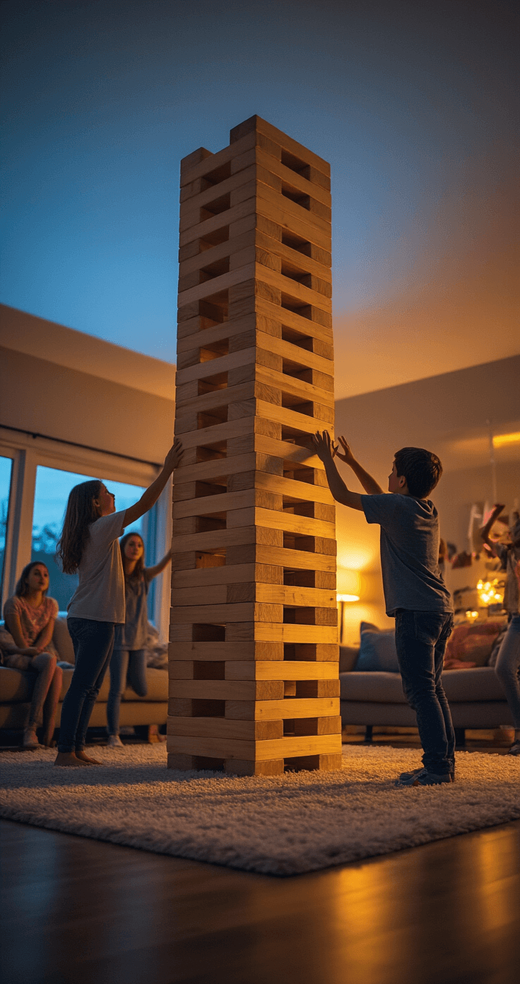 A dimly lit living room at dusk, featuring a large Jenga tower surrounded by teenagers eagerly playing, creating a tense yet excited atmosphere with soft furnishings and party decorations in the background.
