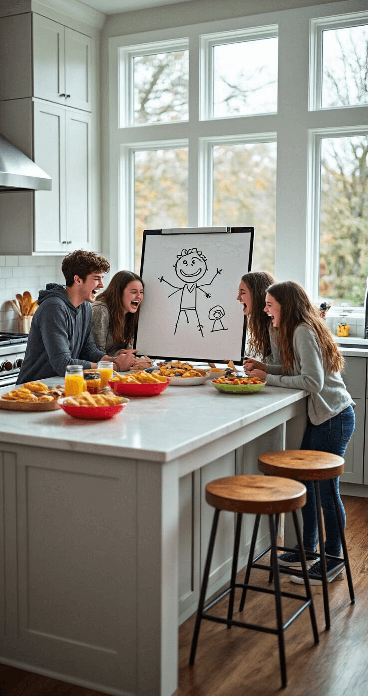A vibrant modern kitchen filled with laughter as teens gather around an island, enjoying a game of Pictionary. A large whiteboard displays a comically poor stick figure drawing, while colorful snack platters and stainless steel appliances enhance the cheerful setting, illuminated by natural light on a rainy afternoon.