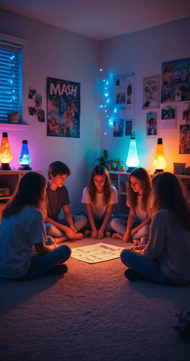 A cozy teen's bedroom at twilight, illuminated by string lights and lava lamps, where a small group engages intently in a game of MASH on the carpeted floor, surrounded by personal posters and mementos.