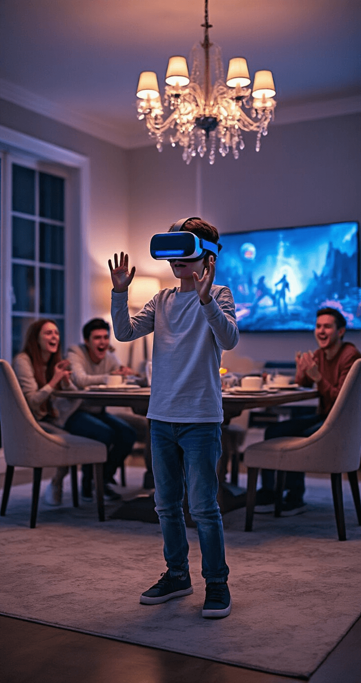 A teenage boy wearing a VR headset flails his arms excitedly in a stylishly decorated dining room at night, transformed into a gaming zone, while friends watch and laugh in a mix of amusement and excitement under soft accent lighting.
