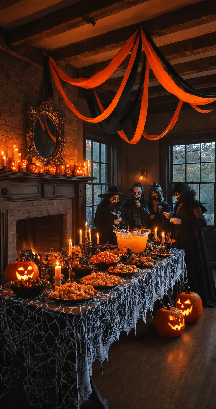 Halloween Party Games: Spooktacular Fun for All Ages A dimly lit Halloween party in a cozy living room, featuring flickering candles, orange and black streamers, a table of spooky snacks, jack-o'-lanterns, and guests in elaborate costumes mingling near a guessing game station.