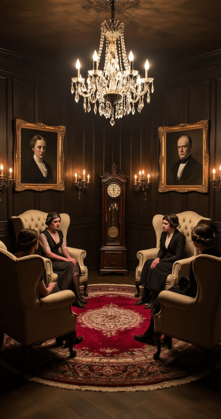 Halloween Party Games: Spooktacular Fun for All Ages Intimate den with Victorian-style wingback chairs in a circle on a deep red Persian rug, illuminated by soft candlelight and a crystal chandelier, adorned with ornate portraits. Players in 1920s costumes lean forward in suspense, with chiaroscuro lighting enhancing the film noir atmosphere. A grandfather clock ticks ominously in the corner.