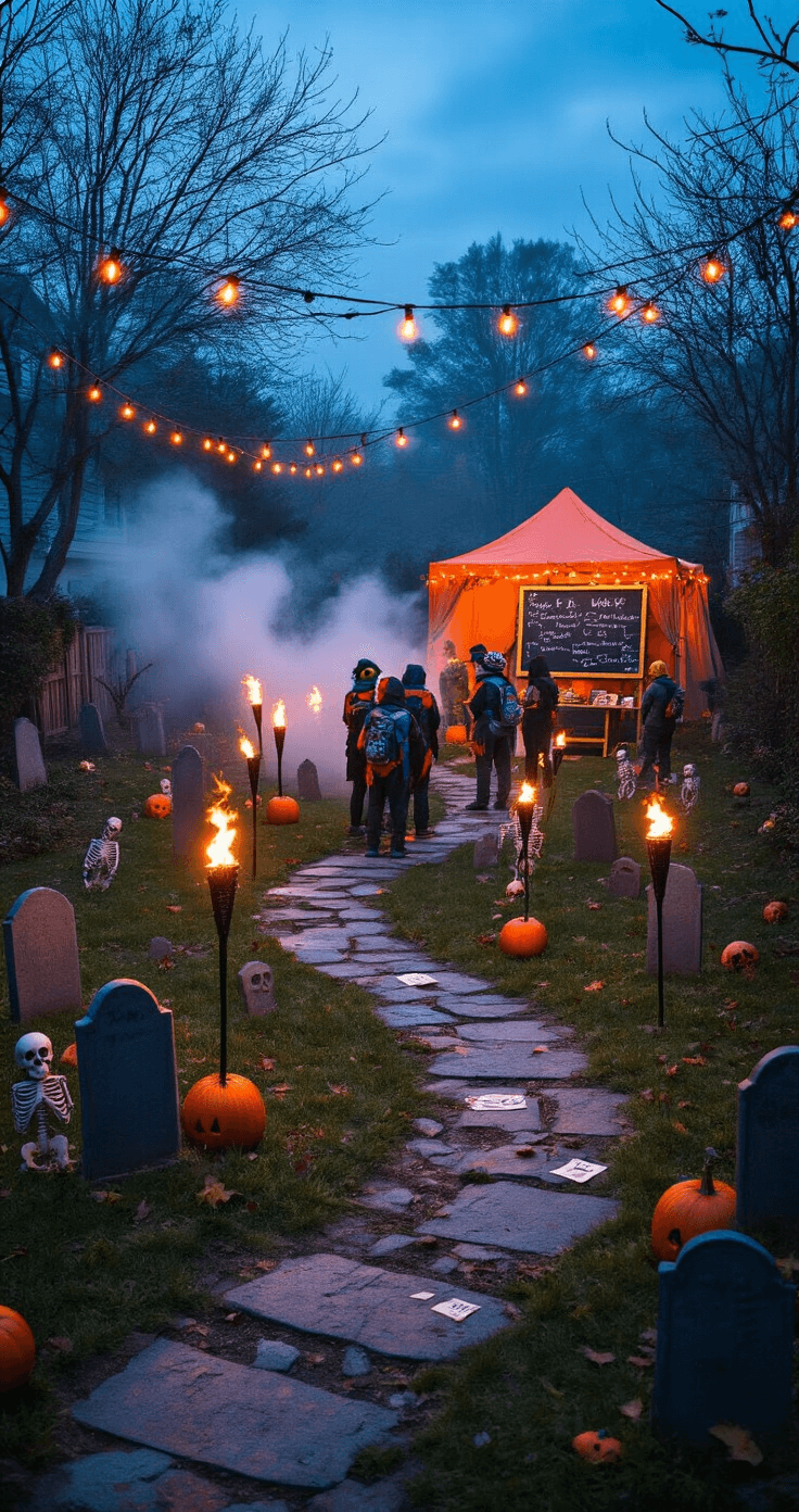 Halloween Party Games: Spooktacular Fun for All Ages A high-angle view of a 40x50 ft backyard set for a Halloween scavenger hunt, featuring tiki torches, tombstones, plastic skeletons, and an eerie mist. String lights illuminate clue stations, while teams in matching costumes gather around a chalkboard, framed by a tent adorned with orange fairy lights against a twilight sky.
