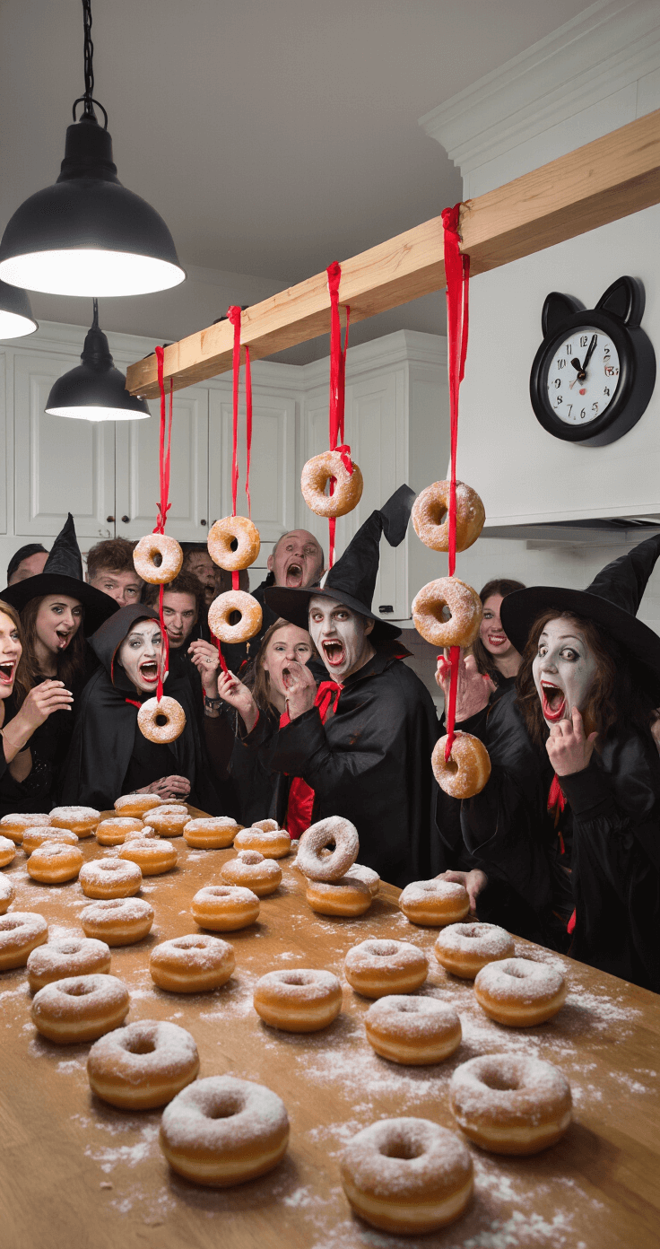 Halloween Party Games: Spooktacular Fun for All Ages A lively kitchen scene during a 'Vampire Doughnut Bite' game, featuring players in vampire costumes struggling to reach jelly-filled doughnuts hung from red ribbons, faces smeared with jelly and powdered sugar. Onlookers laugh joyfully amidst Halloween-themed decor, including witch-hat lights and a black cat clock. The eye-level shot captures the vibrant action and humorous expressions in bright, even lighting.