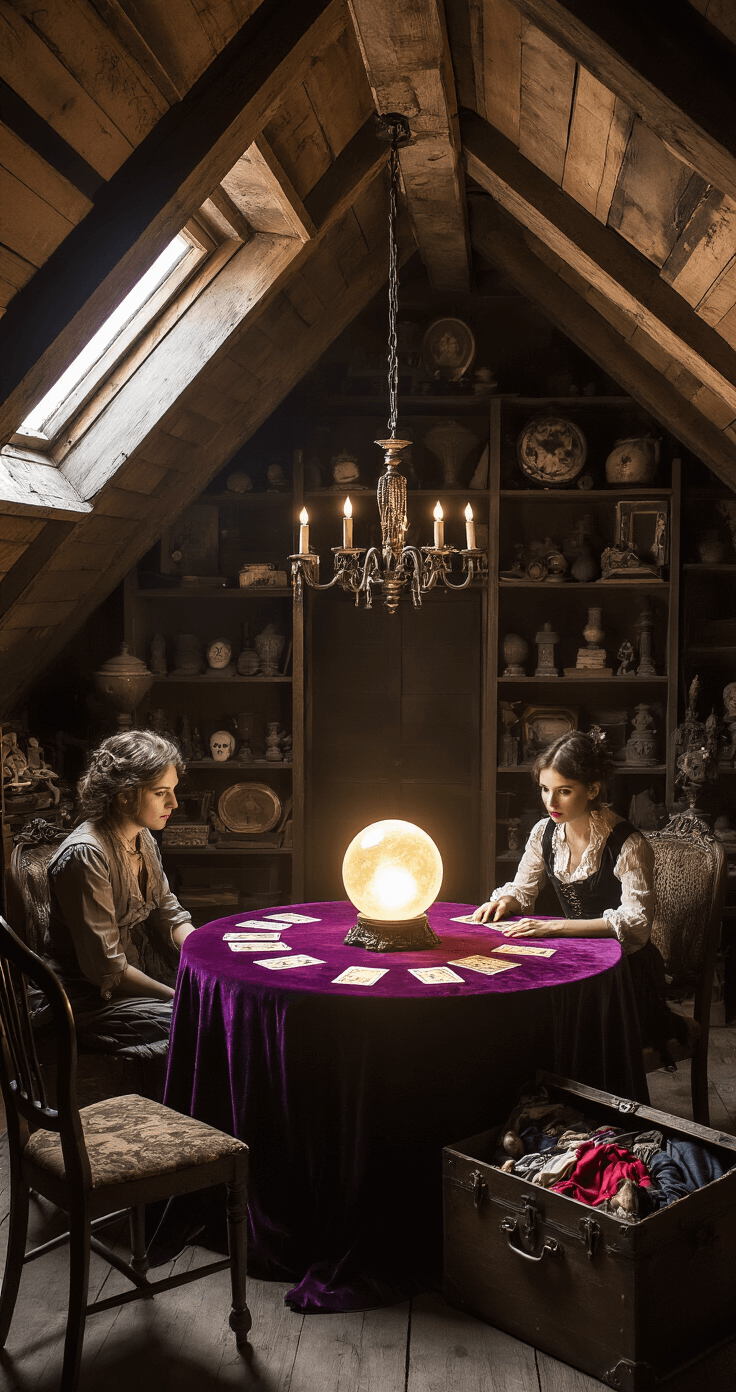 Halloween Party Games: Spooktacular Fun for All Ages A dimly lit attic filled with dusty antiques and oddities, featuring a circular purple velvet table with a glowing crystal ball at the center. Players engage intensely from mismatched vintage chairs as one draws a tarot card, with shadows from a candelabra flickering on the sloped ceiling. An old trunk brims with costumes and props, setting the stage for a mysterious game of 'Truth or Death'. The camera captures their focused expressions from a low angle, enhancing the dramatic atmosphere.