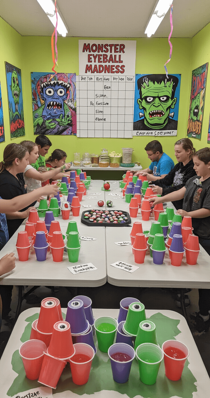 Halloween Party Games: Spooktacular Fun for All Ages A vibrant rec room for 'Monster Eyeball Madness' featuring pyramid-shaped plastic cups labeled with monster names, players tossing ping pong balls designed as bloodshot eyeballs, monster-themed decorations, and a snack table with cake pops and punch, all under bright, colorful lighting.